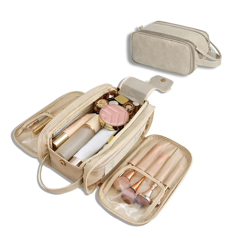 Hanging travel toiletry bag with waterproof leather, compact and versatile accessory for organizing toiletries on the go.