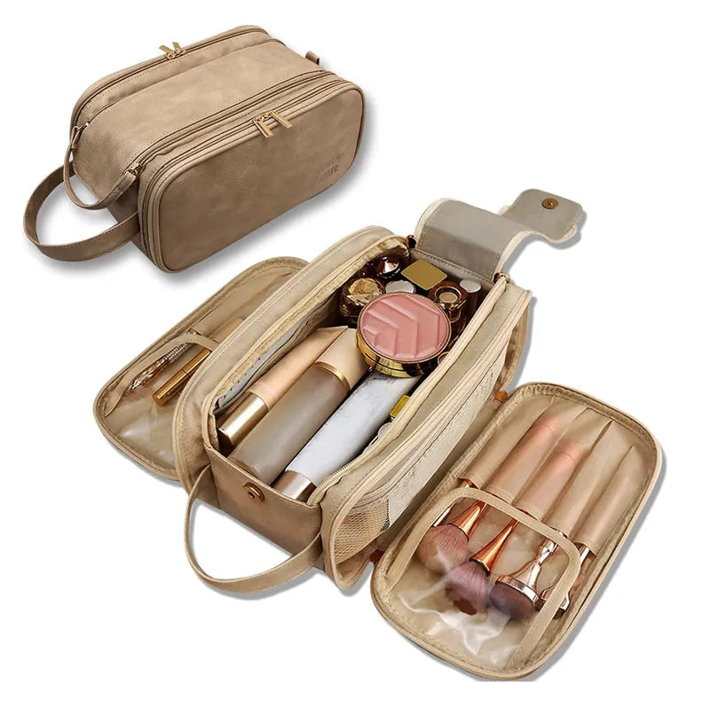 Hanging travel toiletry bag with waterproof leather from Nova Mart, featuring multiple compartments and a sturdy hanging hook.