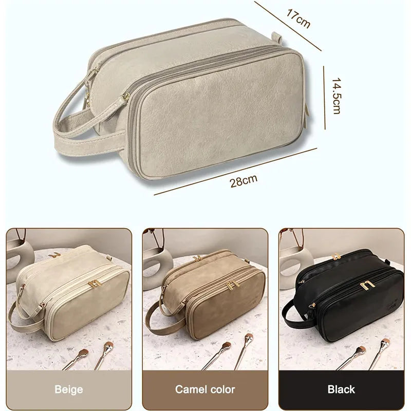 Travel toiletry bag by Nova Mart with waterproof leather, hanging design, and multiple compartments for organization.