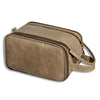 Hanging travel toiletry bag with waterproof leather, compact and organized, by Nova Mart, showing multiple compartments and hanging hook.