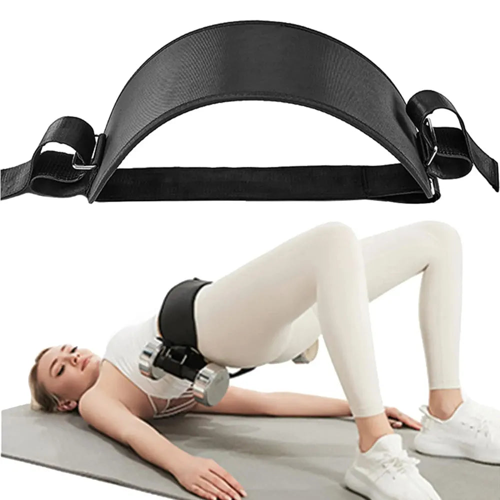 Nova Mart hip thrust belt with dumbbell waist strap for gym and home workouts, showing the adjustable fitness belt in black.