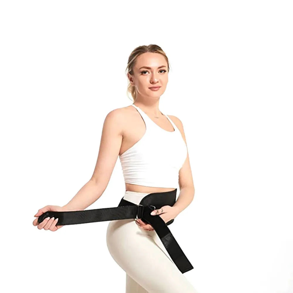 Nova Mart hip thrust belt and dumbbell waist strap for gym and home workouts, shown in use around the waist with fitness equipment.
