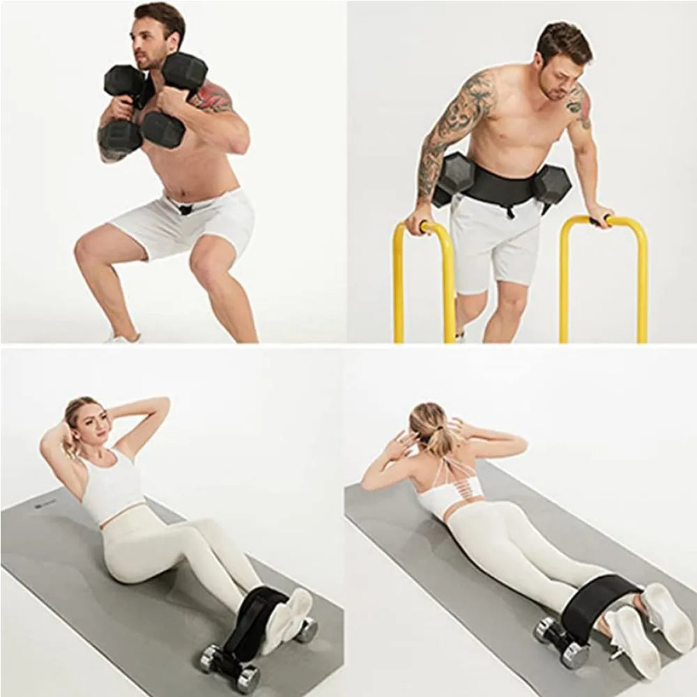Nova Mart hip thrust belt and dumbbell waist strap for gym and home workouts, showing adjustable fitness belt in use.