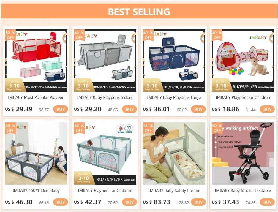 Light gray IMBABY baby playpen with pull ring and ball box by Nova Mart, designed for safe play and containment.