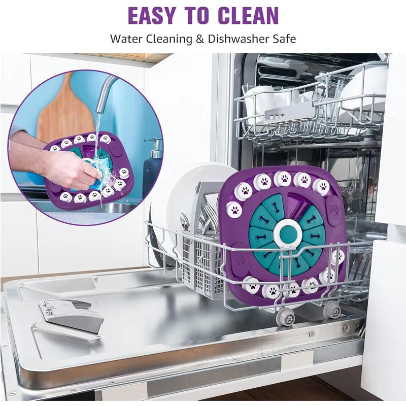 Interactive dog puzzle toy by Nova Mart designed for treat enrichment and suitable for all dog sizes.