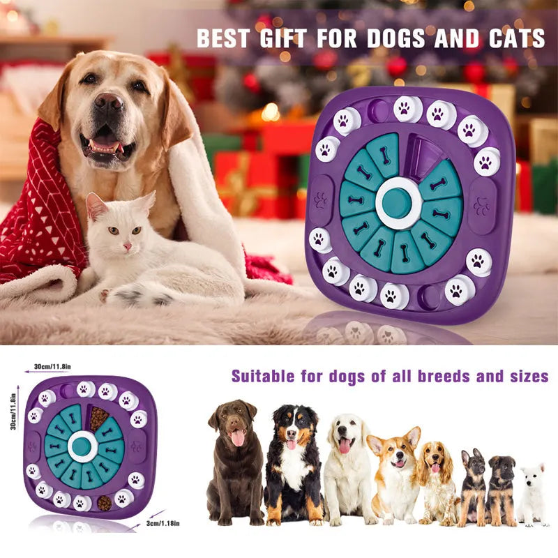 Interactive dog puzzle toy by Nova Mart designed for treat enrichment and suitable for all dog sizes.