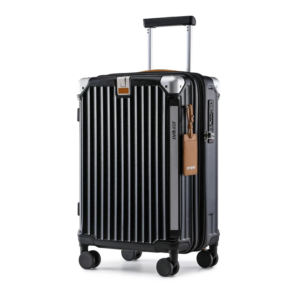 Nova Mart Joyway 20-inch expandable carry-on luggage with TSA lock and cup holder, featuring a sleek, durable design.