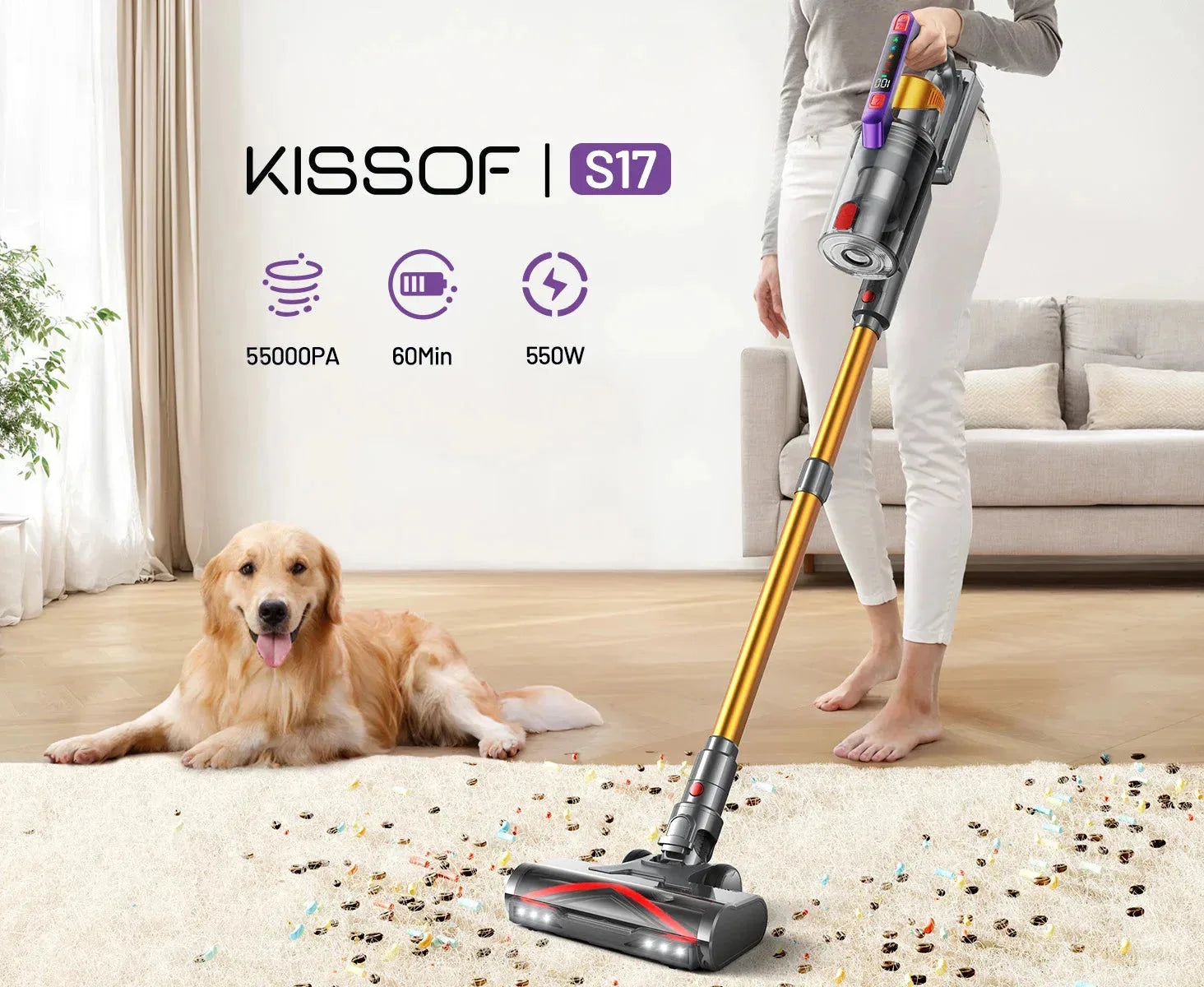 Nova Mart Kissof S17 Pro cordless vacuum cleaner with 550W motor, 55Kpa suction, and 60-minute runtime in black and silver.
