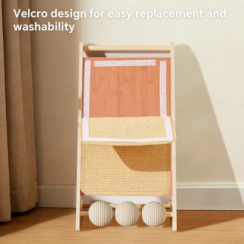 Large vertical sisal cat scratcher with hanging balls, designed for feline scratching and play by Nova Mart.