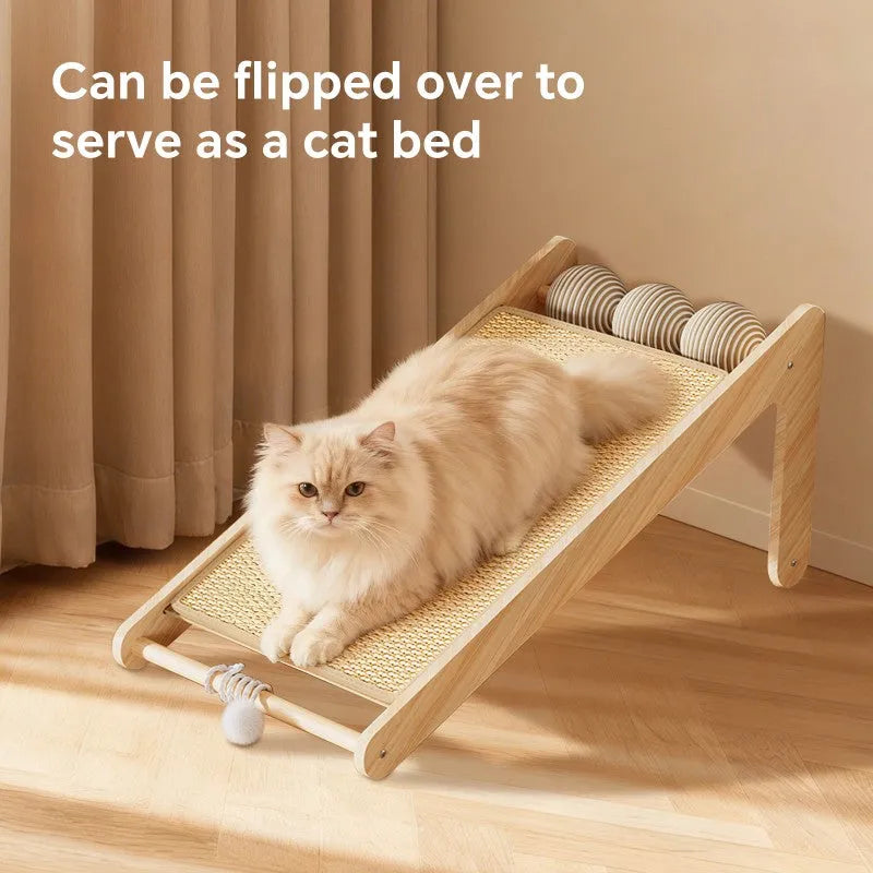Large vertical sisal cat scratcher with attached balls by Nova Mart, designed for scratching and playful feline activity.