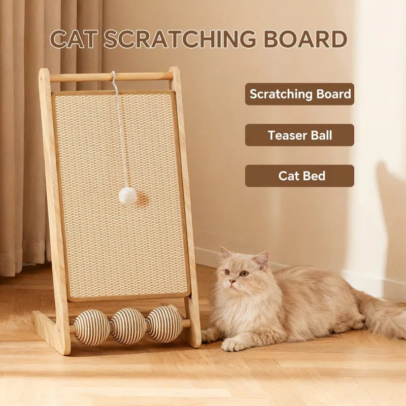 Large vertical sisal cat scratcher with colorful balls for cats by Nova Mart, featuring a sturdy sisal surface and playful accessories.