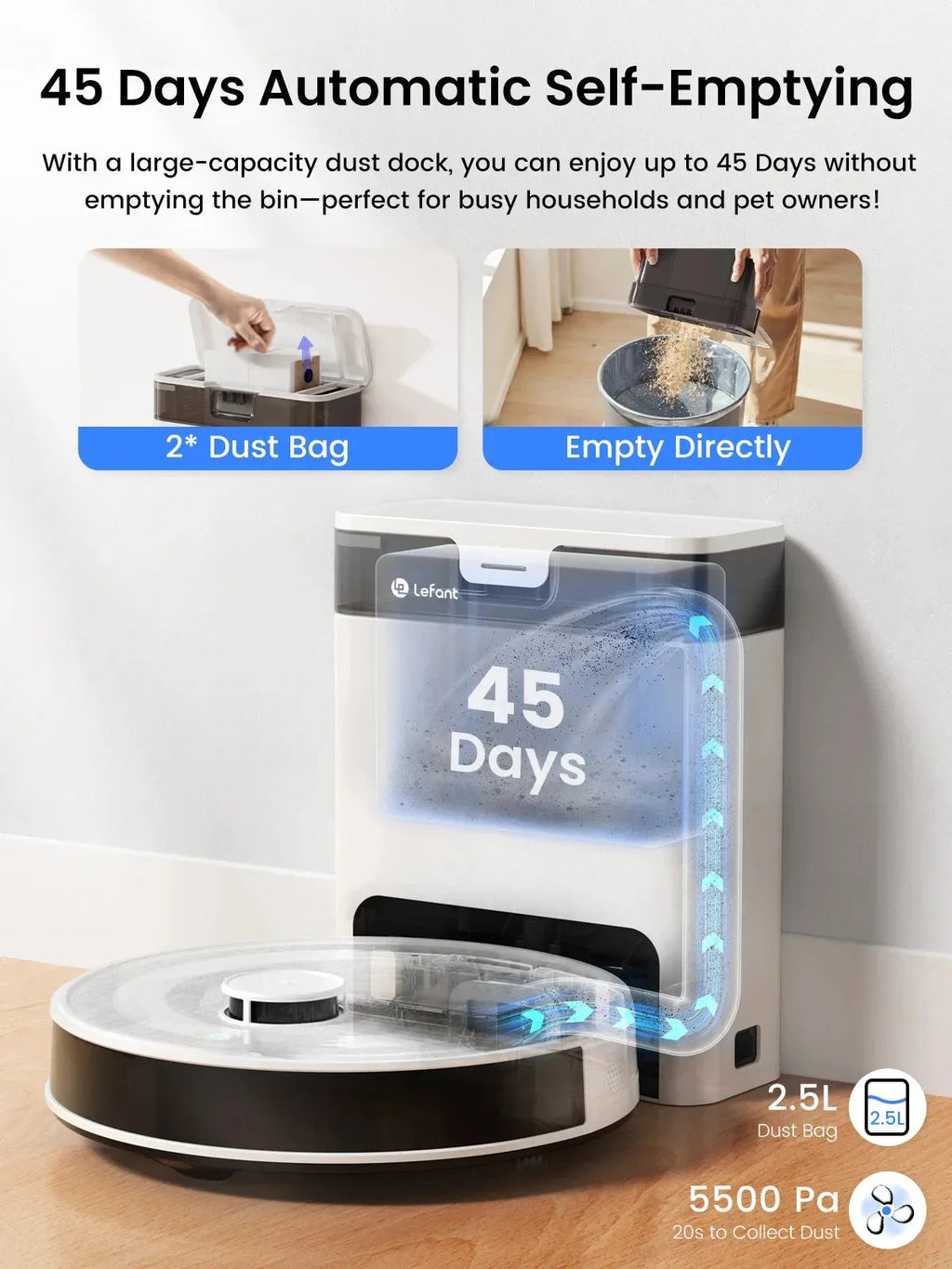 Nova Mart Lefant M2 Pro robot vacuum and mop combo with 5500Pa LiDAR, shown navigating hardwood floors.