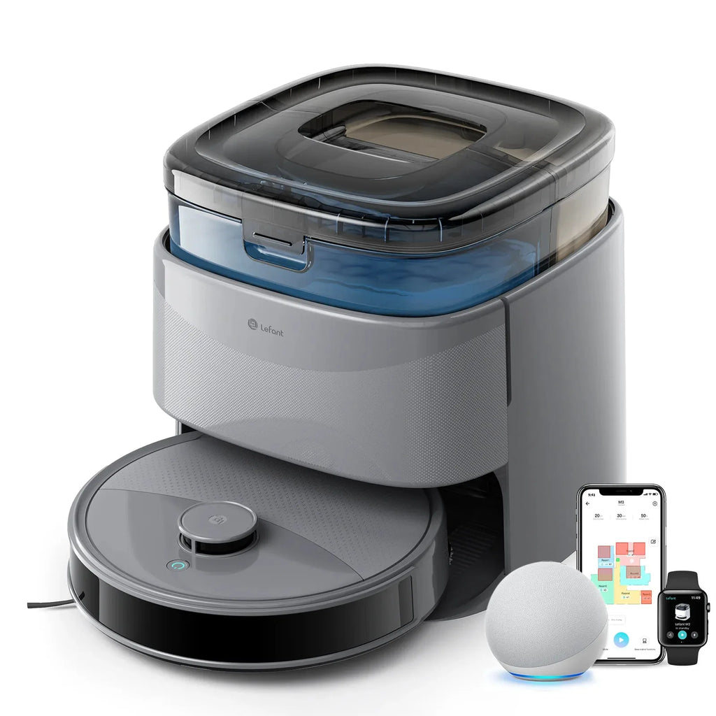 Nova Mart Lefant M3 Max robot vacuum and mop with 20000Pa suction, auto wash feature, and sleek black design on a hardwood floor.