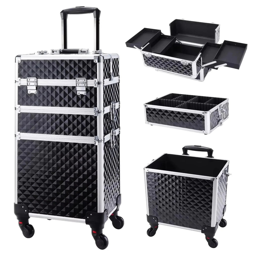 Nova Mart Maxulene 3-in-1 rolling makeup trolley case with multiple compartments and sleek design for salon professionals.