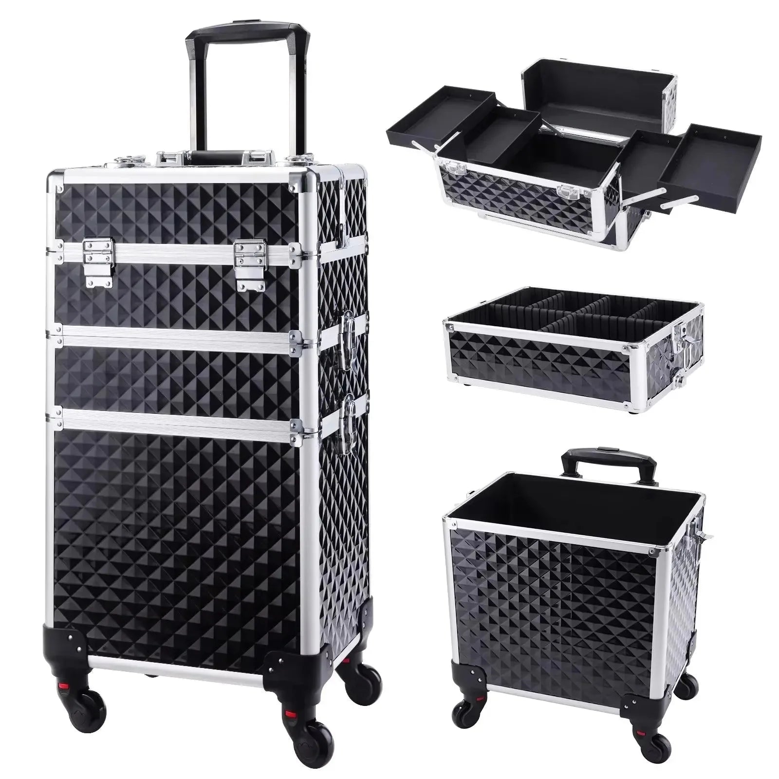 Nova Mart Maxulene 3-in-1 rolling makeup trolley case with multiple compartments and sleek design for salon professionals.