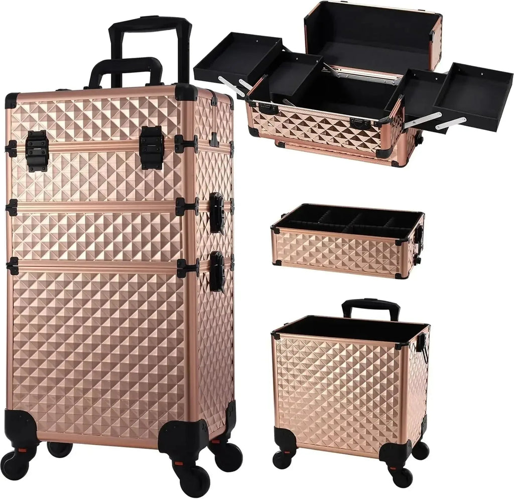 Nova Mart Maxulene 3-in-1 rolling makeup trolley case with multiple compartments for salon use, black exterior, compact and portable.