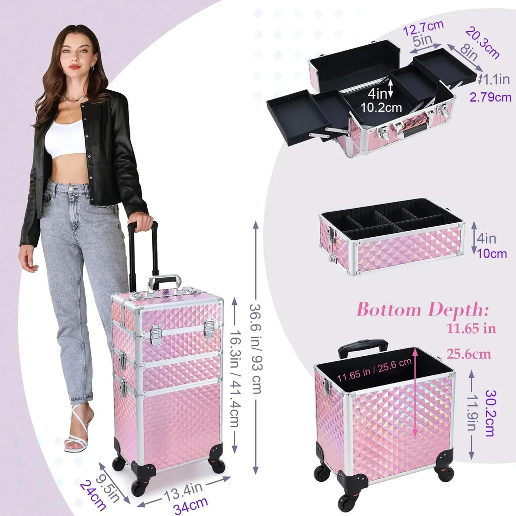 Nova Mart Maxulene 3-in-1 rolling makeup trolley case with multiple compartments for salon use, durable and portable.