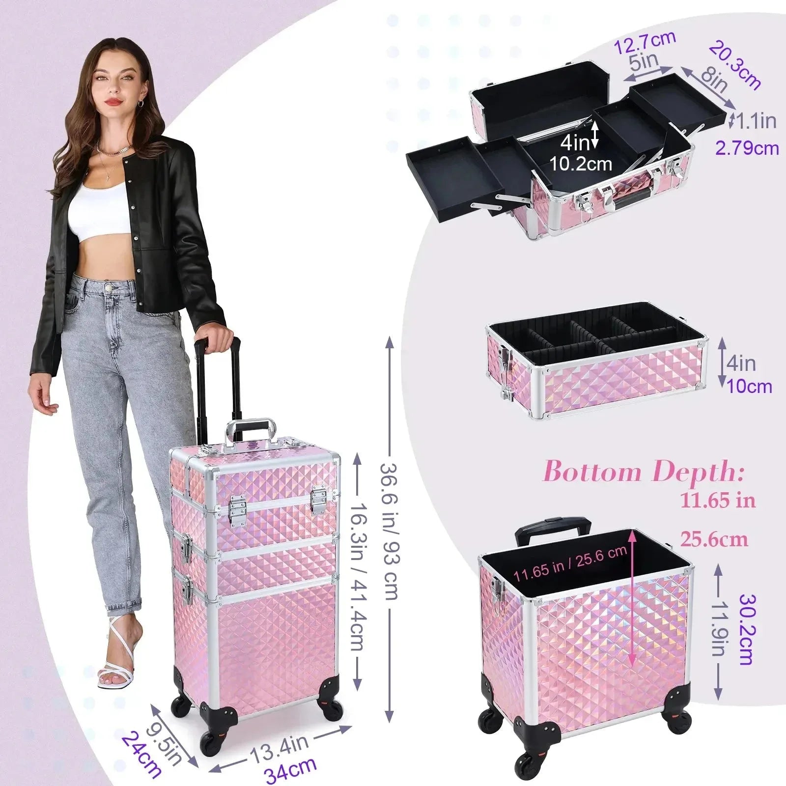 Nova Mart Maxulene 3-in-1 rolling makeup trolley case with multiple compartments for salon use, durable and portable.