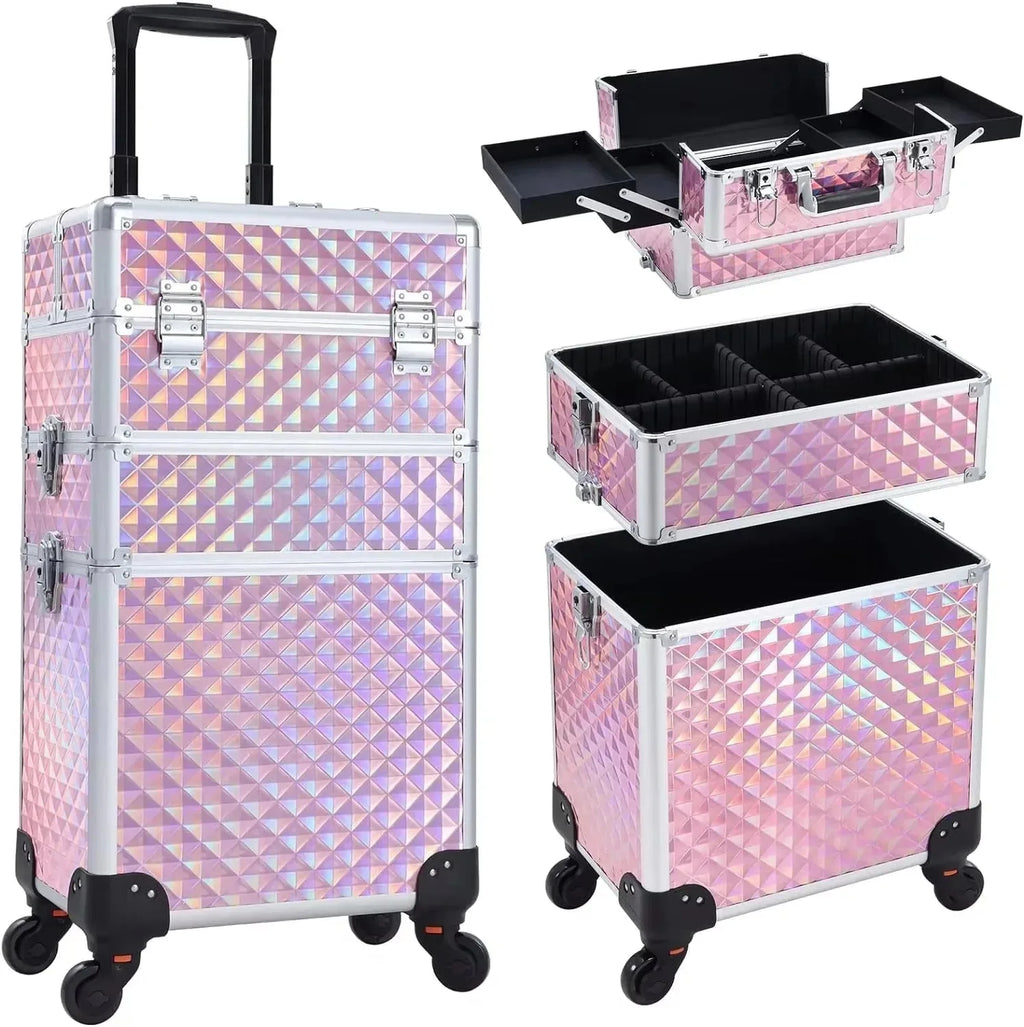 Maxulene 3-in-1 rolling makeup trolley case by Nova Mart, with multiple compartments for salon professional makeup storage.