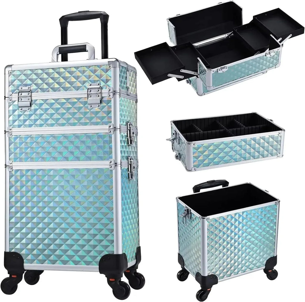 Maxulene 3-in-1 rolling makeup trolley case by Nova Mart with multiple compartments and sturdy handle, designed for salon use.