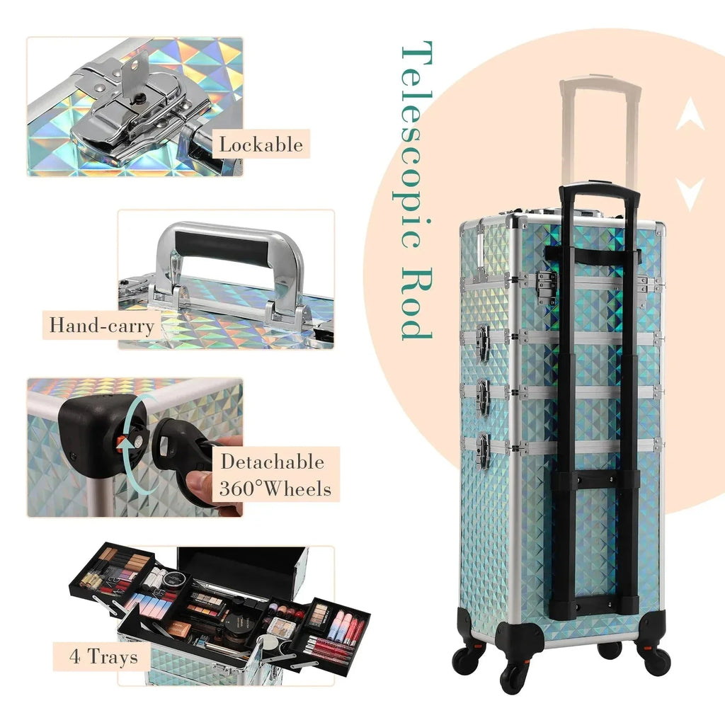 Maxulene 4-in-1 detachable makeup trolley case with wheels, black cosmetic storage case from Nova Mart with multiple compartments