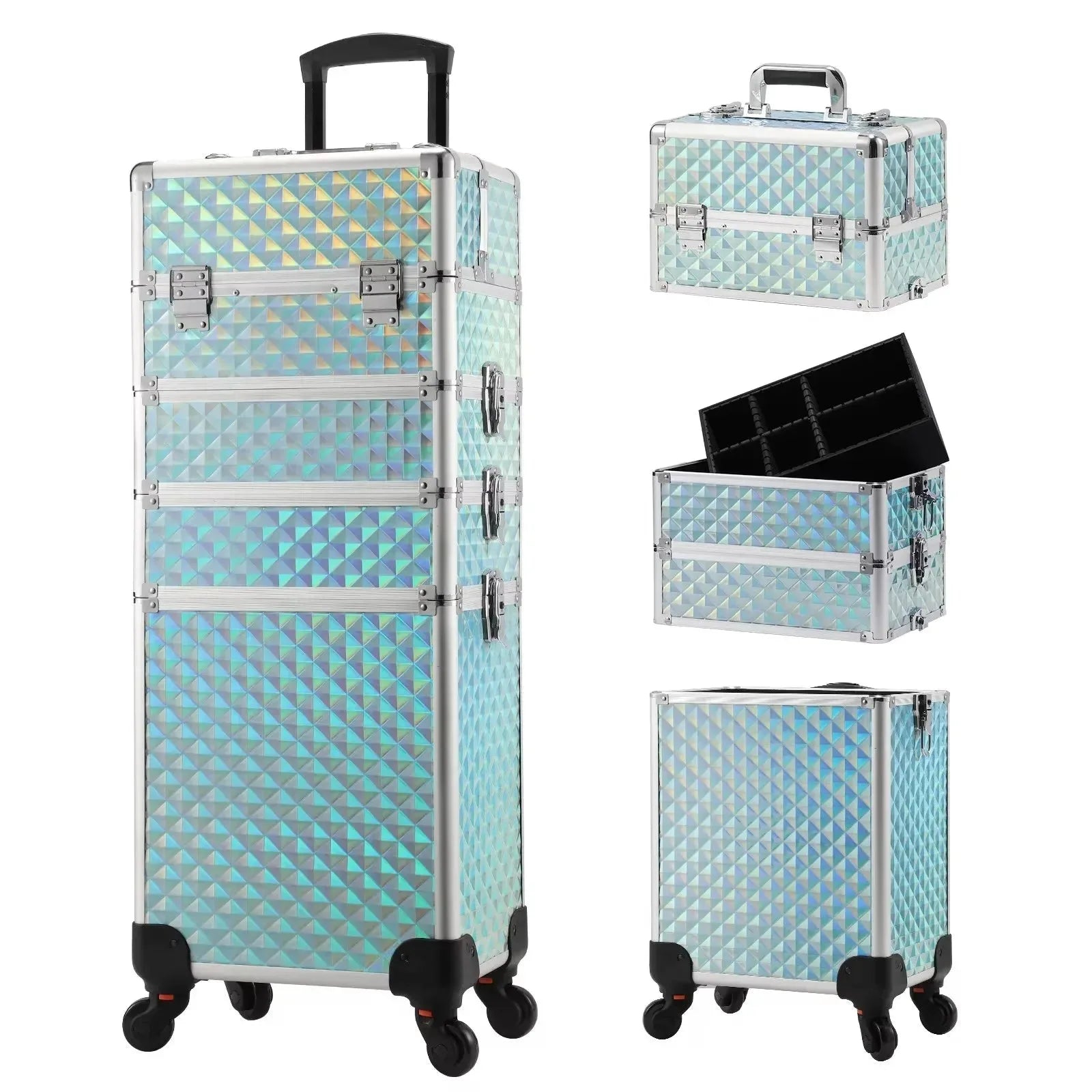 Maxulene 4-in-1 detachable makeup trolley case with wheels, black professional makeup case by Nova Mart, showing multiple compartments