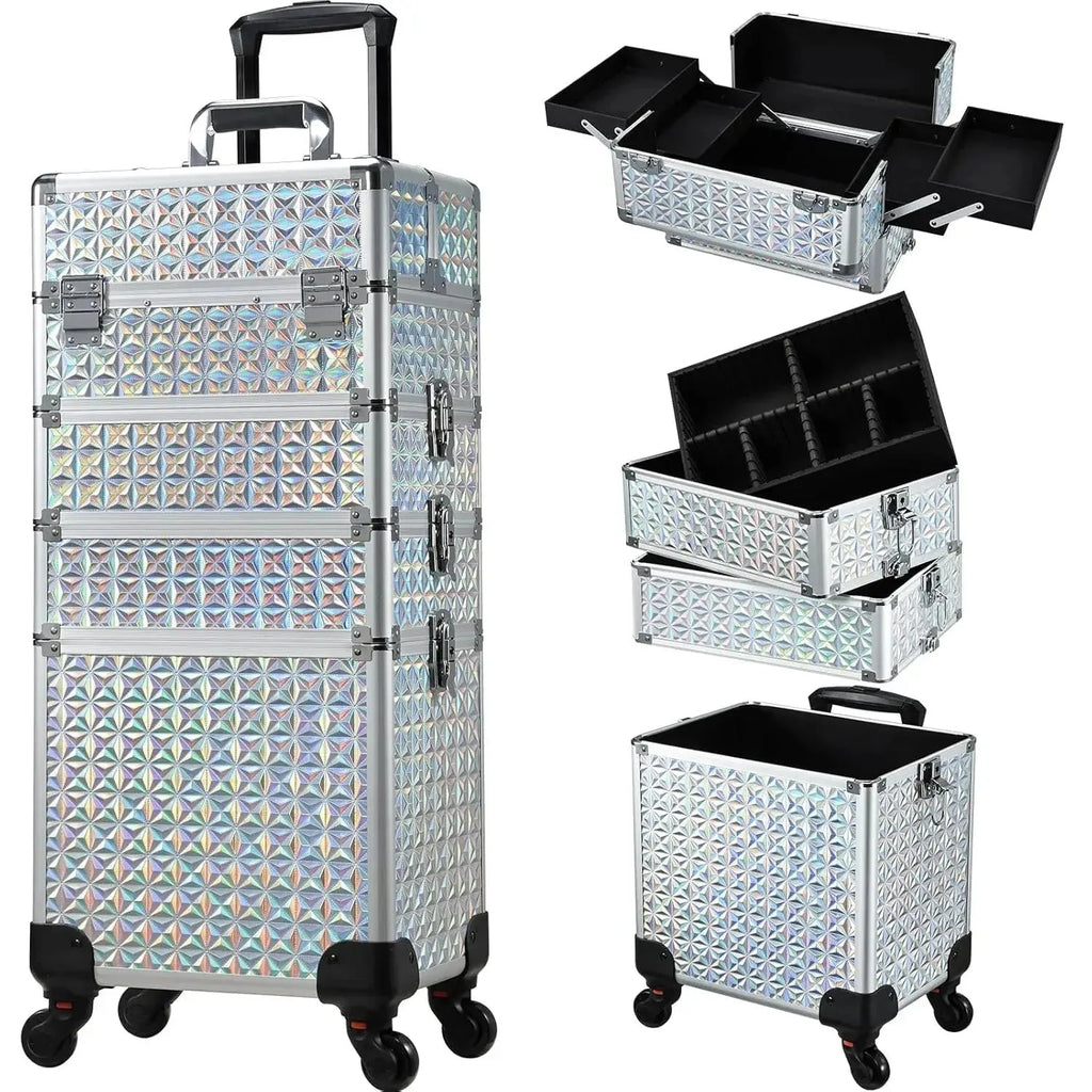 Maxulene 4-in-1 detachable makeup trolley case with wheels from Nova Mart, featuring multiple compartments and a sturdy handle.