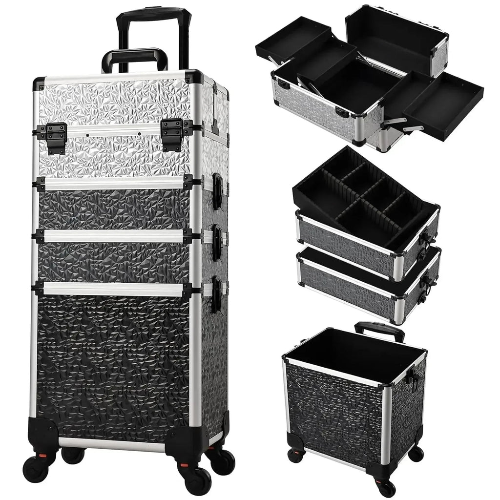 Maxulene 4-in-1 detachable makeup trolley case with wheels from Nova Mart, showing multiple compartments and secure locking features.