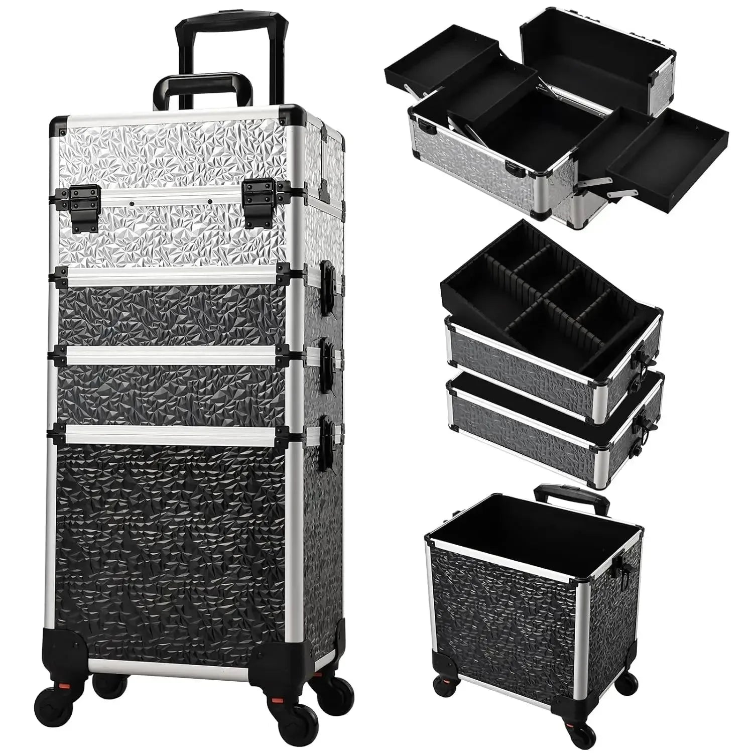 Maxulene 4-in-1 detachable makeup trolley case with wheels from Nova Mart, showing multiple compartments and secure locking features.