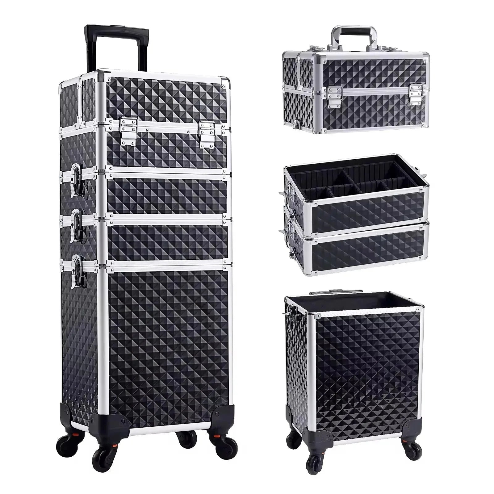Maxulene 4-in-1 detachable makeup trolley case with wheels, branded by Nova Mart, showing the sleek, portable makeup storage solution.