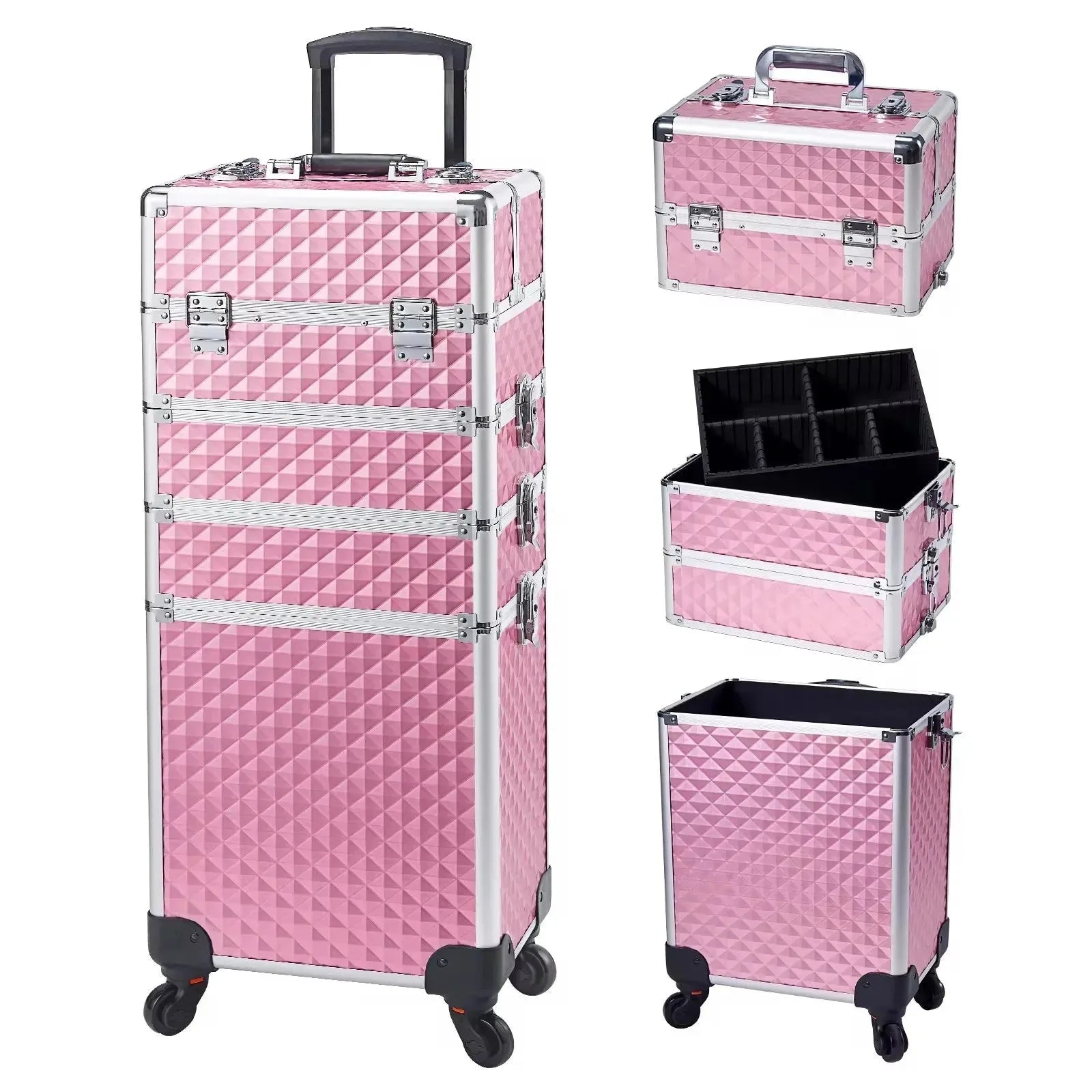 Maxulene 4-in-1 detachable makeup trolley case with wheels, featuring multiple compartments and a sturdy handle for easy transport.