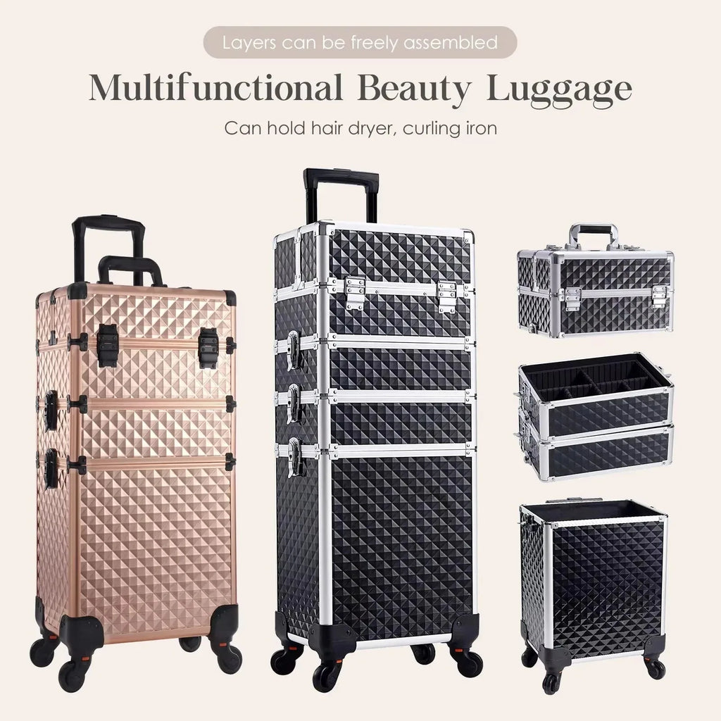 Maxulene 4-in-1 detachable makeup trolley case with wheels, black with multiple compartments, for professional makeup storage.