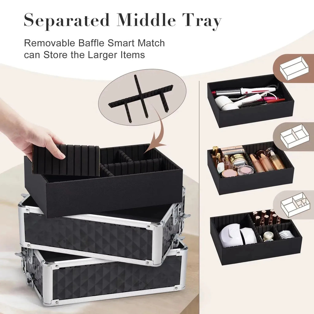 Maxulene 4-in-1 detachable makeup trolley case with wheels, black portable makeup storage with multiple compartments by Nova Mart