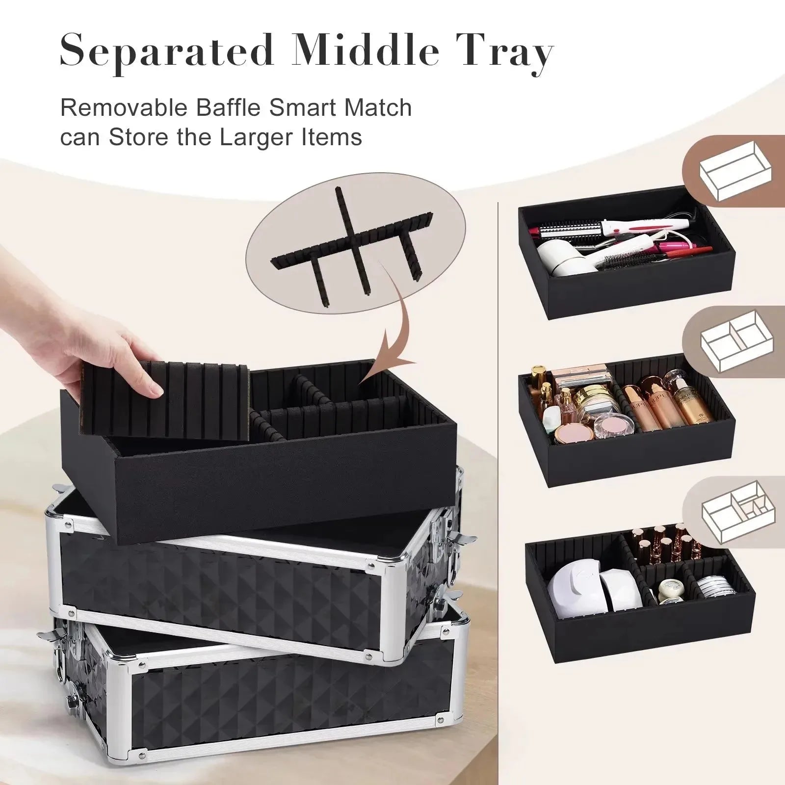 Maxulene 4-in-1 detachable makeup trolley case with wheels, black portable makeup storage with multiple compartments by Nova Mart
