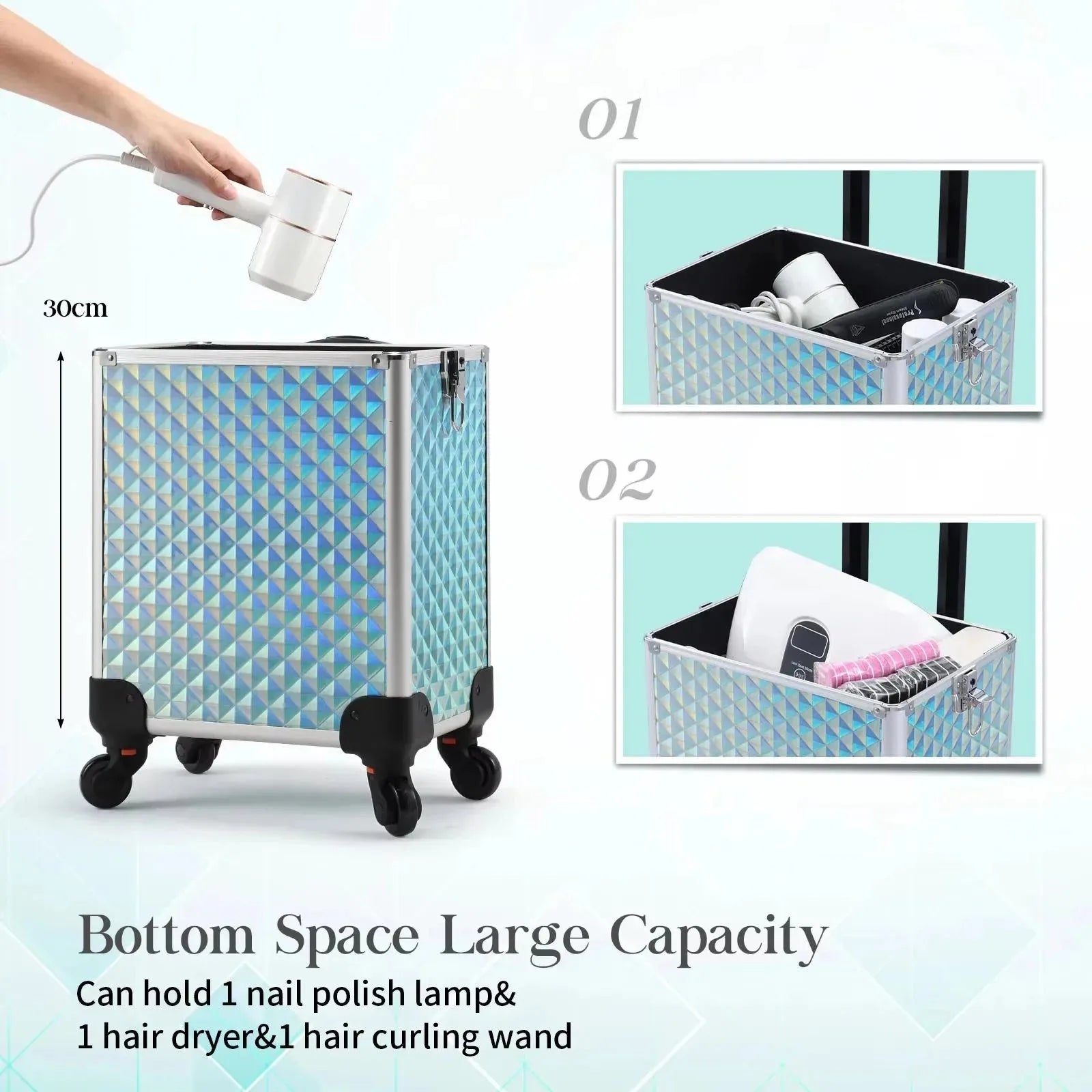 Maxulene 4-in-1 Detachable Makeup Trolley Case with wheels, durable makeup case from Nova Mart, showing multiple compartments and handle.