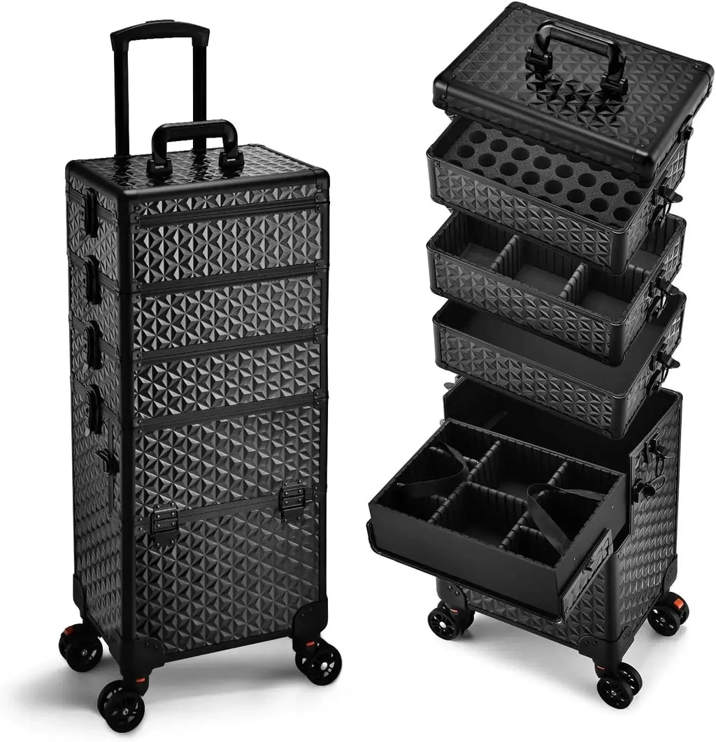 Maxulene rolling makeup train case by Nova Mart with wheels and lock, compact storage for cosmetics and beauty essentials.