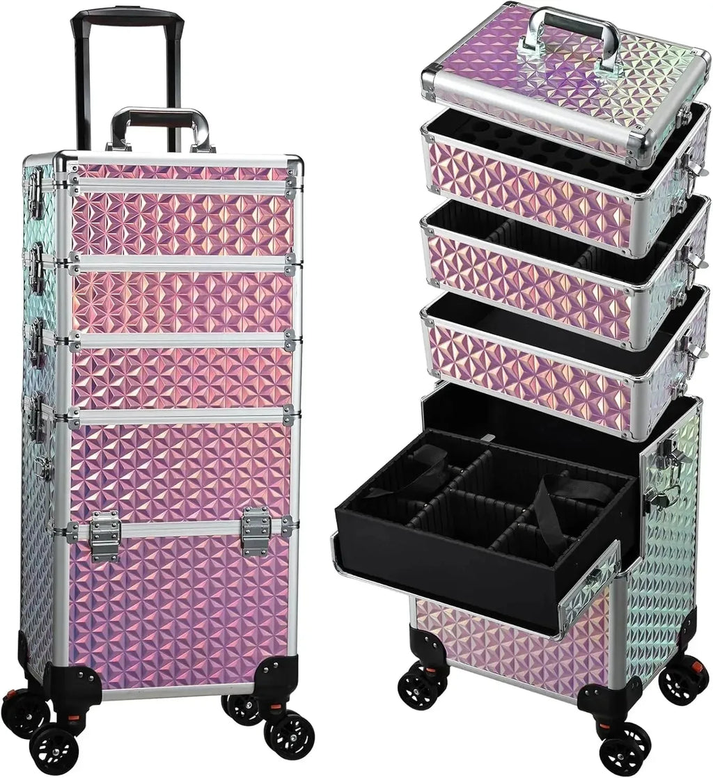 Nova Mart Maxulene rolling makeup train case with wheels and lock, featuring multiple compartments for organized beauty tools.