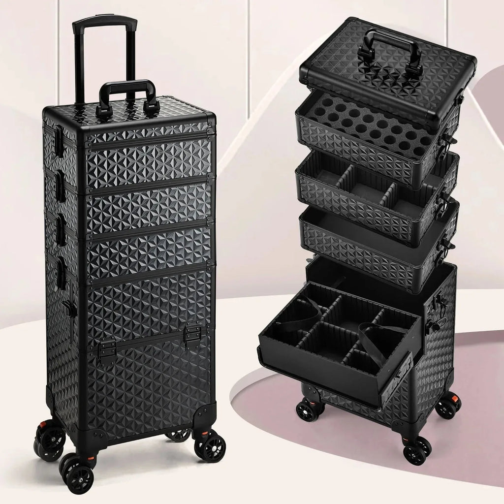 Maxulene rolling makeup train case with wheels and lock, durable Nova Mart makeup case with organized compartments and secure closure.