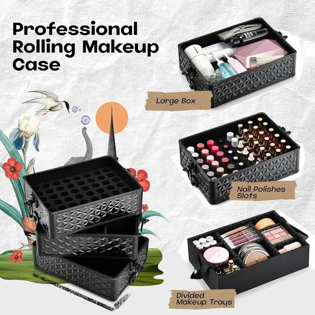Maxulene rolling makeup train case by Nova Mart with wheels and lock, featuring multiple compartments for cosmetics and beauty tools.