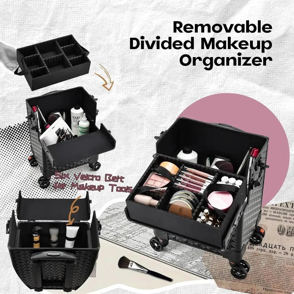 Nova Mart Maxulene rolling makeup train case with wheels and lock, featuring multiple compartments for organized makeup storage.