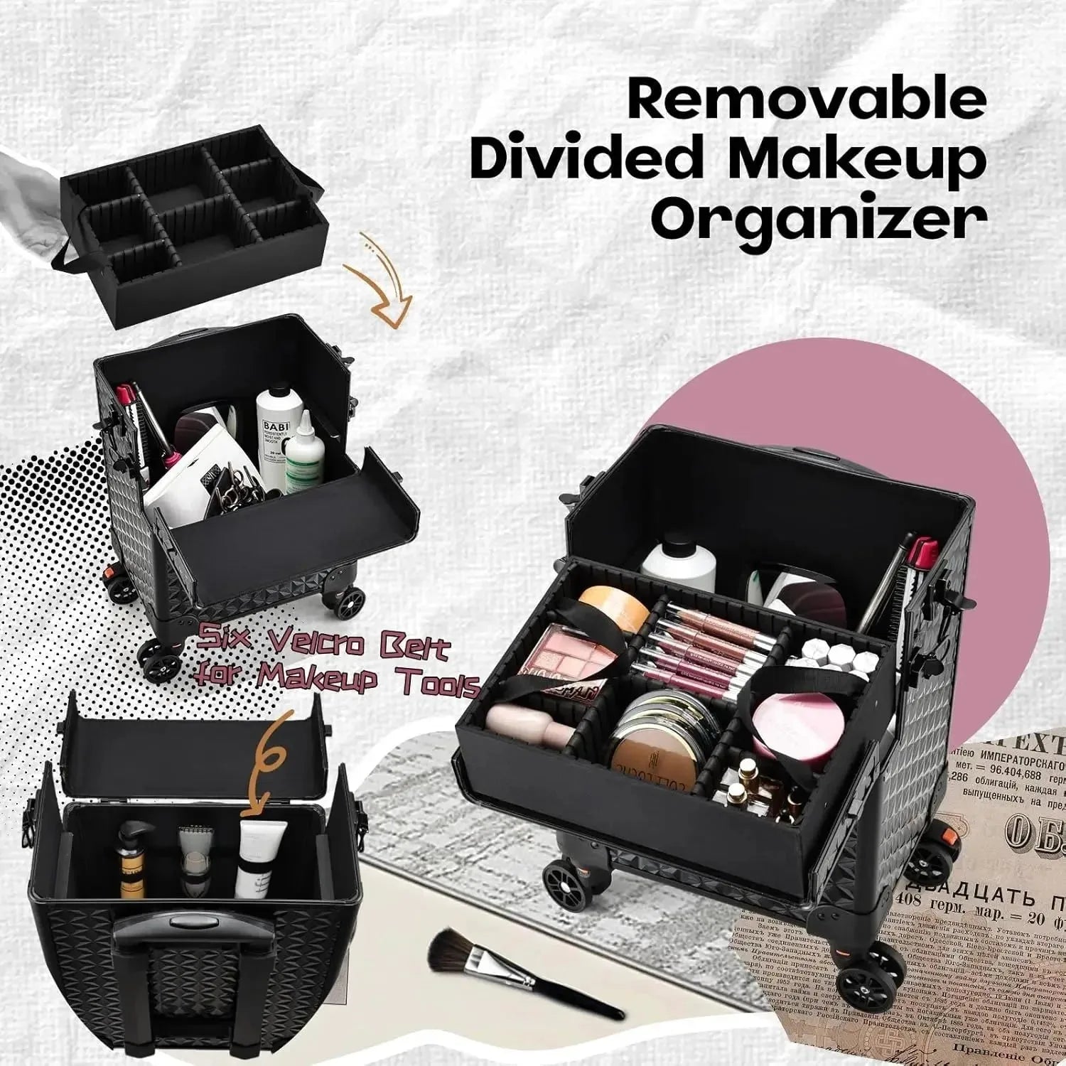 Nova Mart Maxulene rolling makeup train case with wheels and lock, featuring multiple compartments for organized makeup storage.