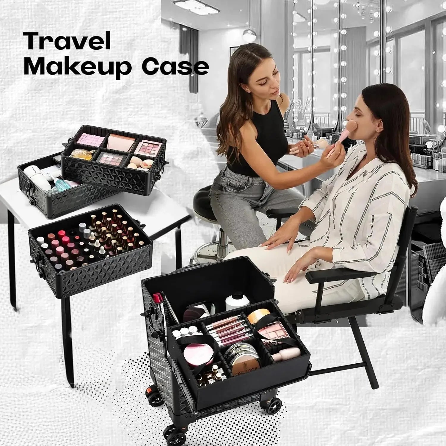 Nova Mart Maxulene rolling makeup train case with wheels and lock, featuring multiple compartments for secure makeup storage.