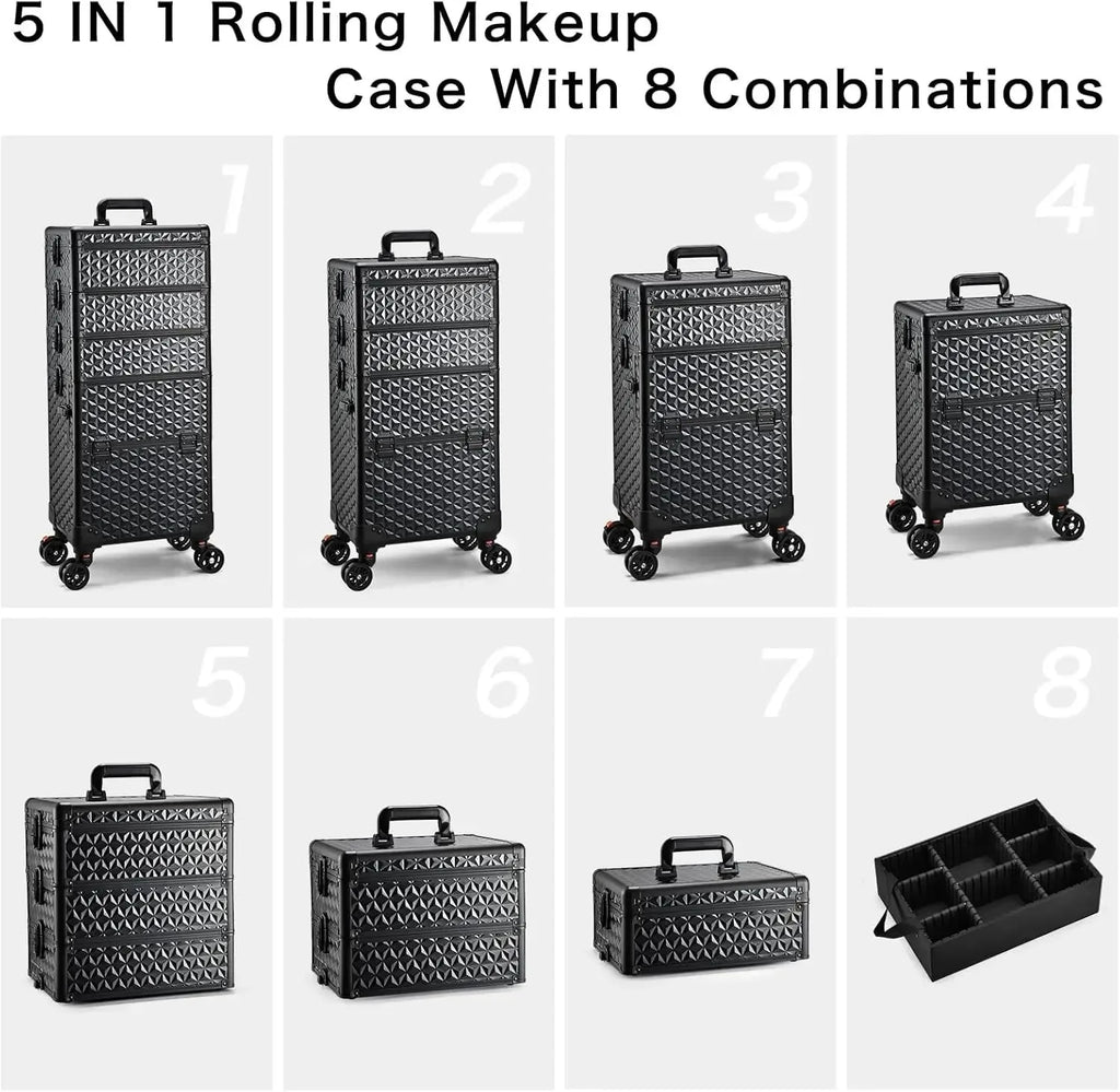 Nova Mart Maxulene rolling makeup train case with wheels and lock, compact storage for cosmetics and beauty tools.