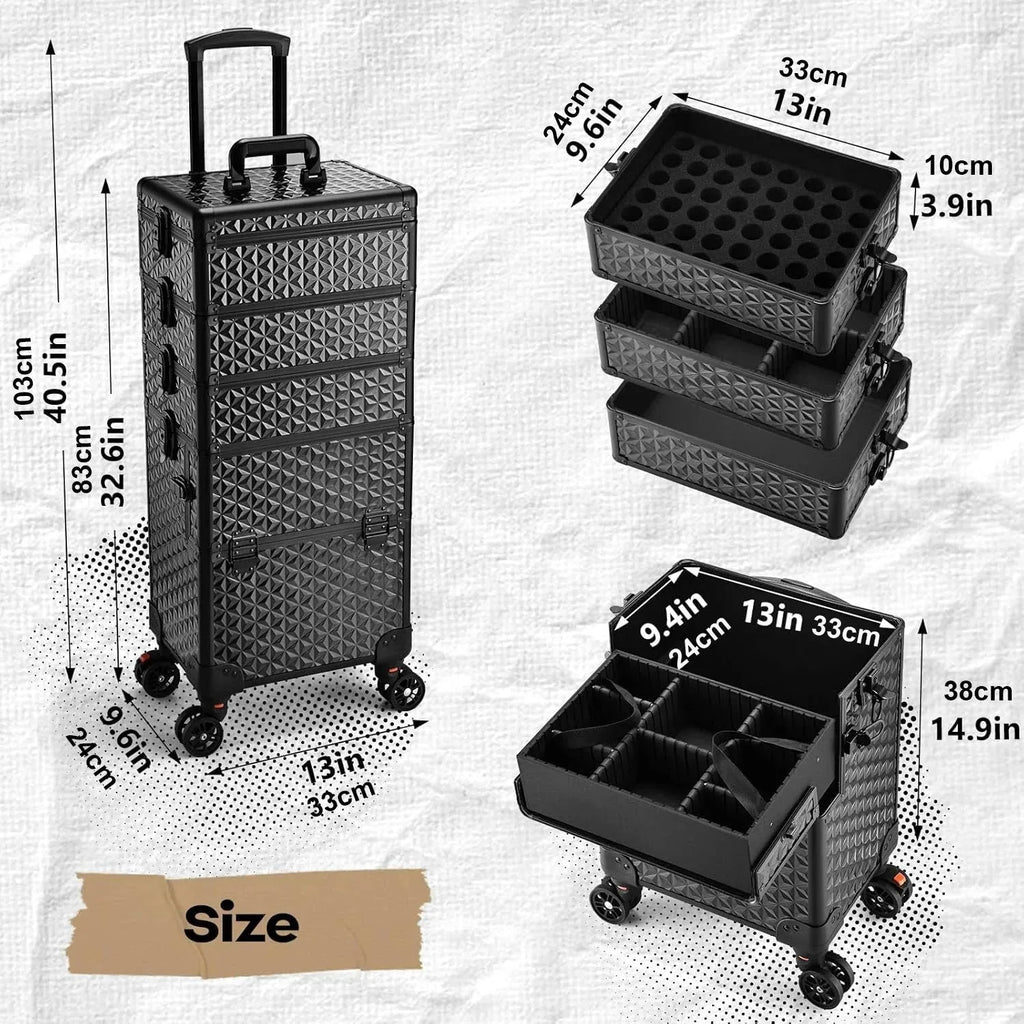 Nova Mart Maxulene rolling makeup train case with wheels and lock, spacious cosmetic storage with secure locking mechanism.