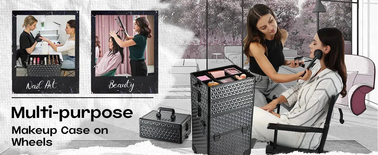 Maxulene rolling makeup train case with wheels and lock by Nova Mart, showing durable black exterior and secure locking mechanism.