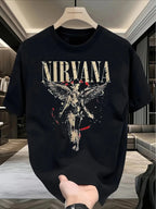 Men's oversized Angel Nirvana graphic T-shirt in black with crew neck, featuring a bold design by Nova Mart.