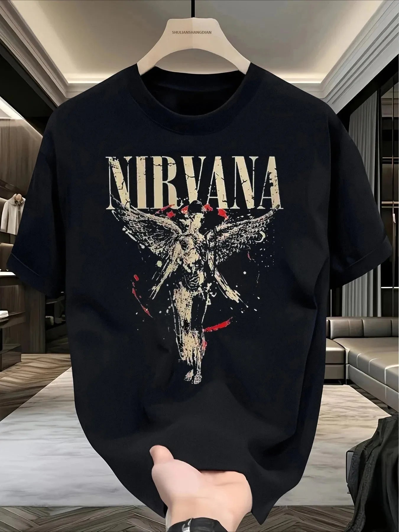 Men's oversized Angel Nirvana graphic T-shirt in black with crew neck, featuring a bold design by Nova Mart.