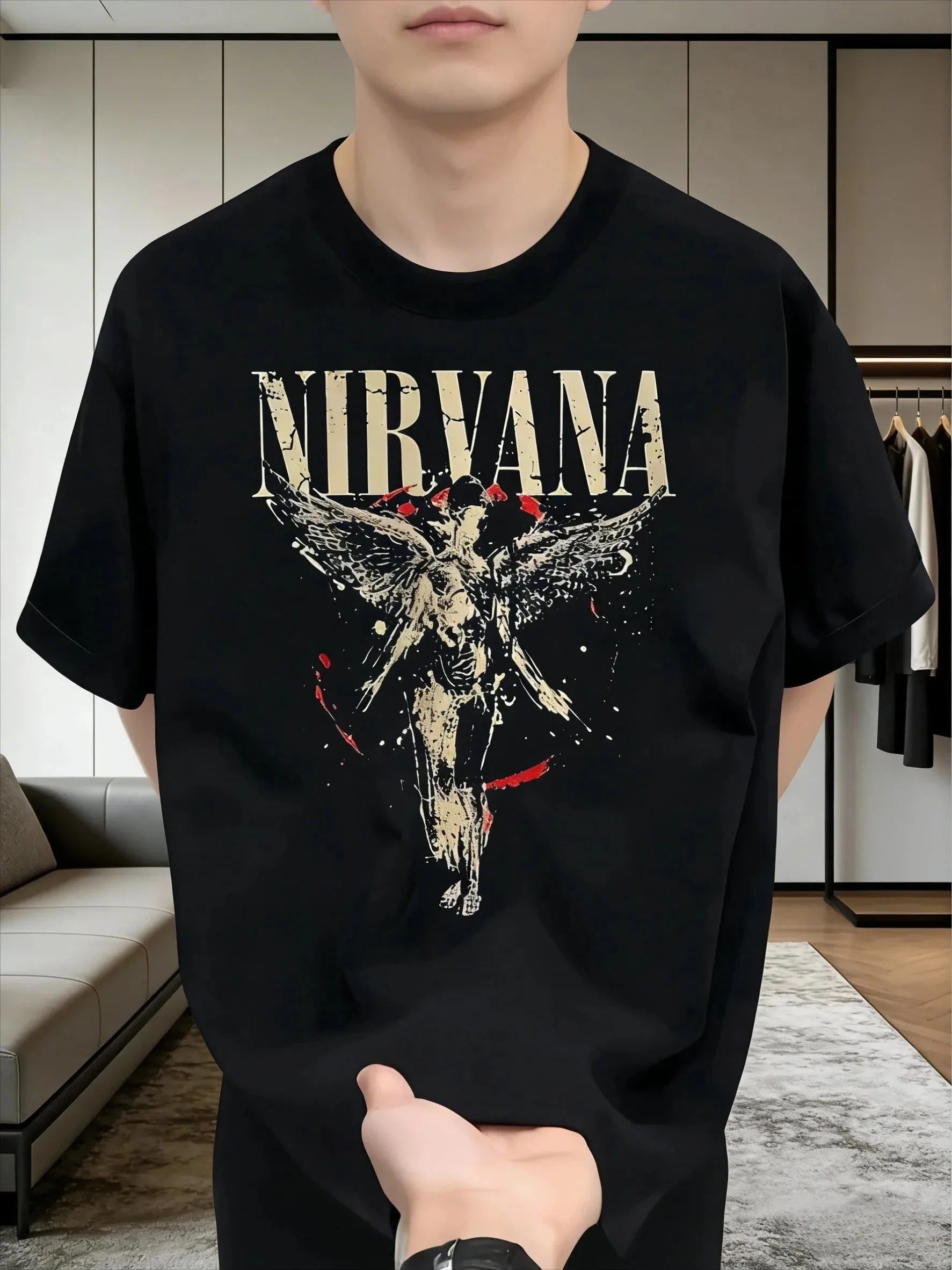 Men's oversized Angel Nirvana graphic T-shirt by Nova Mart featuring a crew neck and artistic angel design.