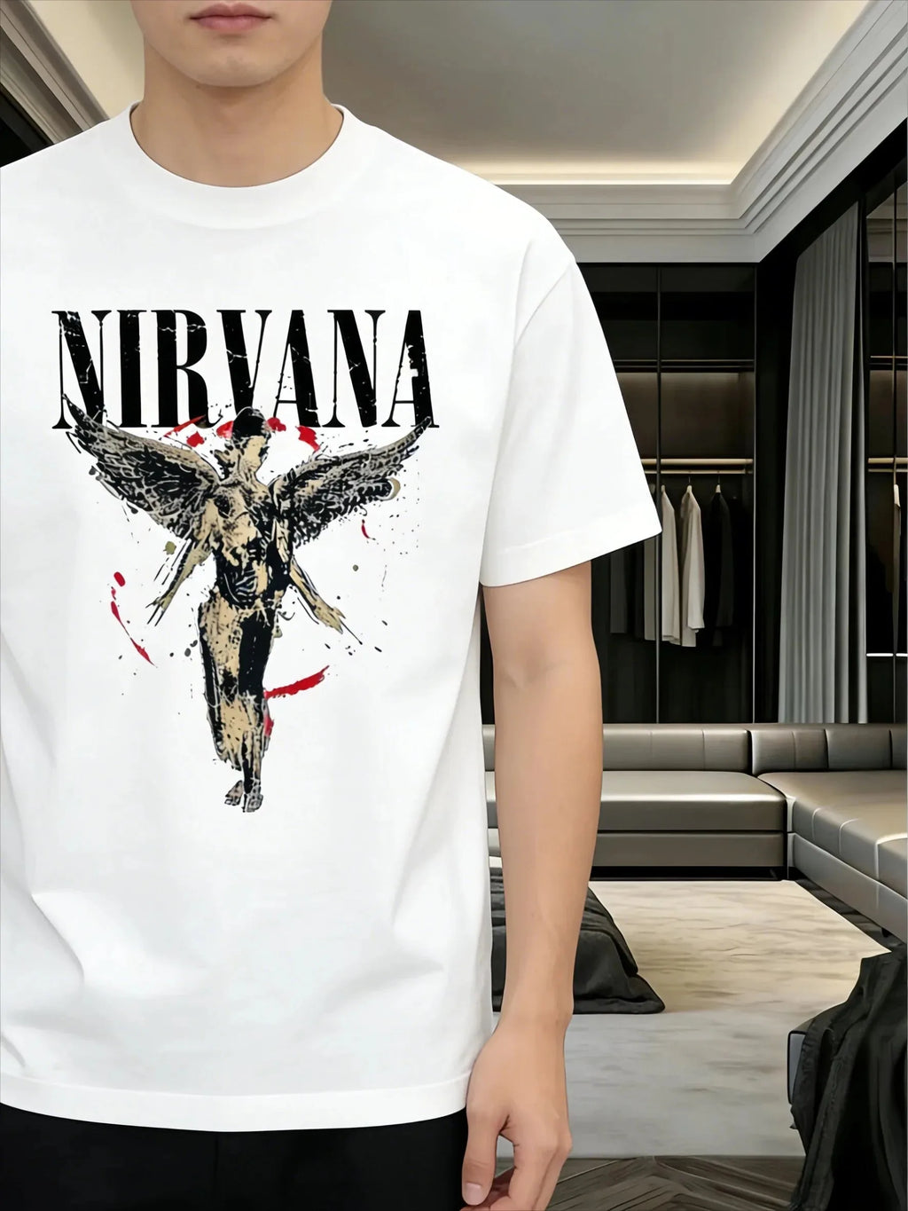 Men's oversized crew neck T-shirt featuring angel Nirvana graphic design by Nova Mart, casual men's fashion apparel.