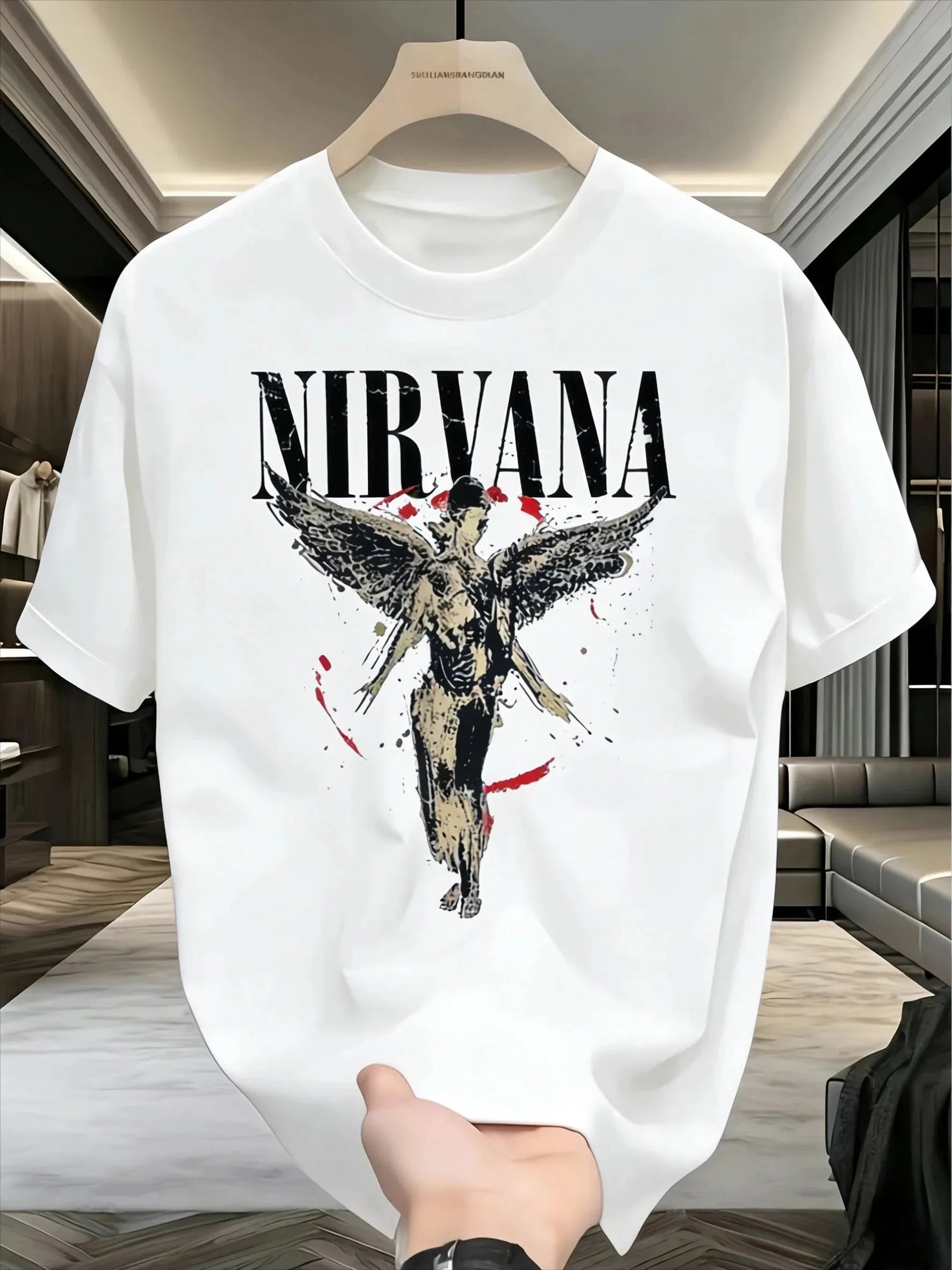 Men's oversized crew neck T-shirt by Nova Mart featuring angel Nirvana graphic design, casual men's fashion tee.